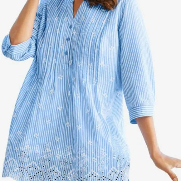 Woman Within Blue/WhiteTunic Blouse Eyelet Embroidered V-neck Pleated NWOT - Picture 2 of 9